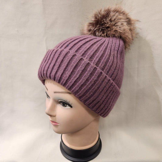 Lavender shade rib knit winter beanie with pom pom