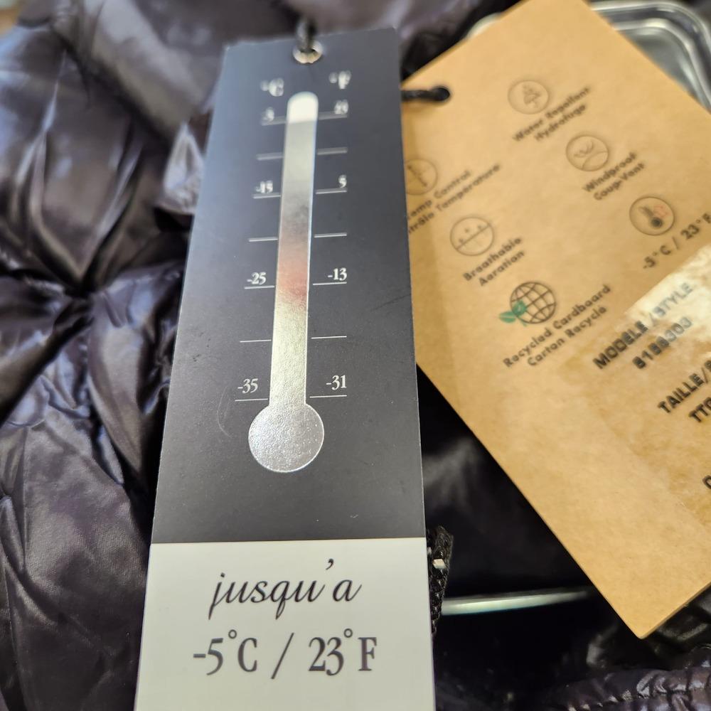 Temperature range tag on black fall light weight jacket