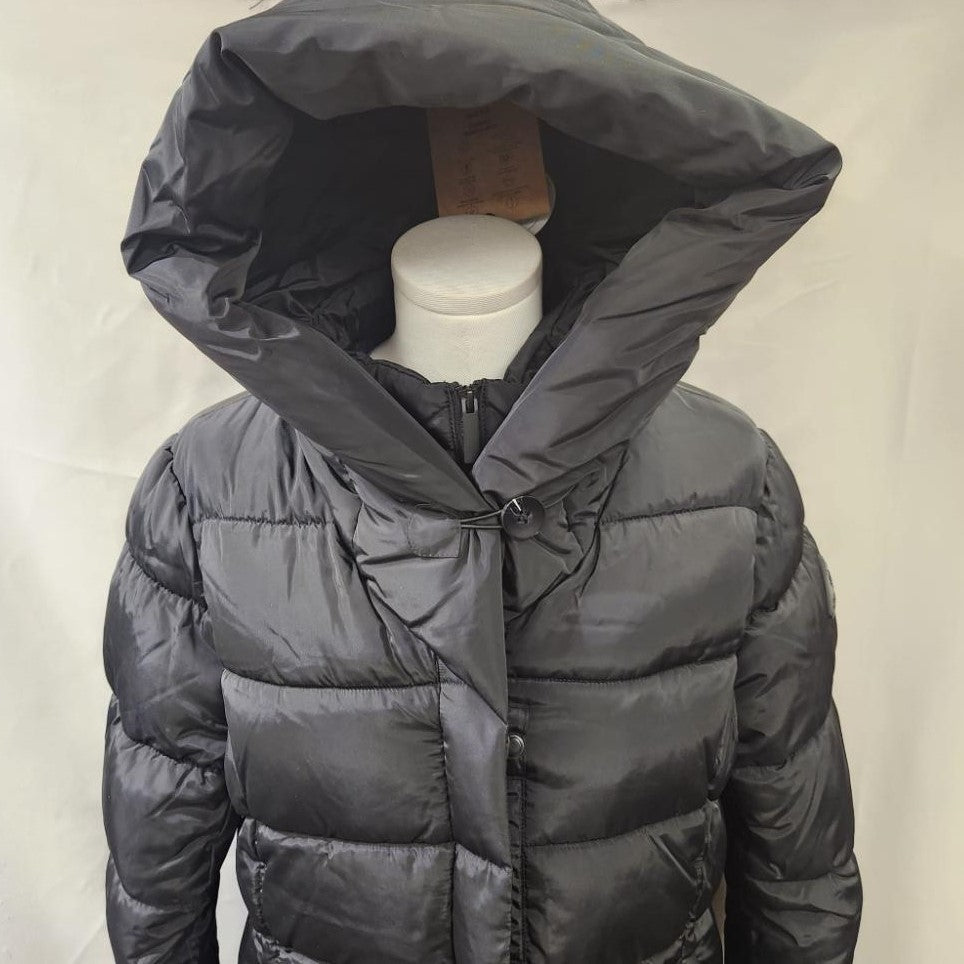 Front zipper closed view of black winter puffer jacket