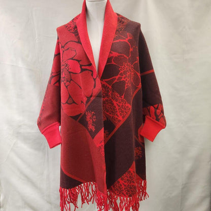 Red and deep burgundy shade printed reversible cape with sleeves and tassels