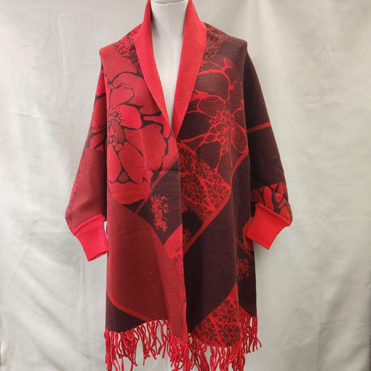 Red and deep burgundy shade printed reversible cape with sleeves and tassels