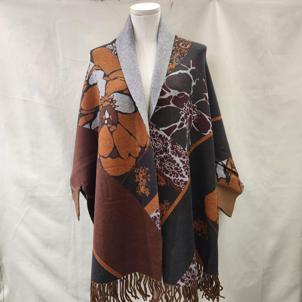 Brown and grey shade printed reversible cape with sleeves and tassels