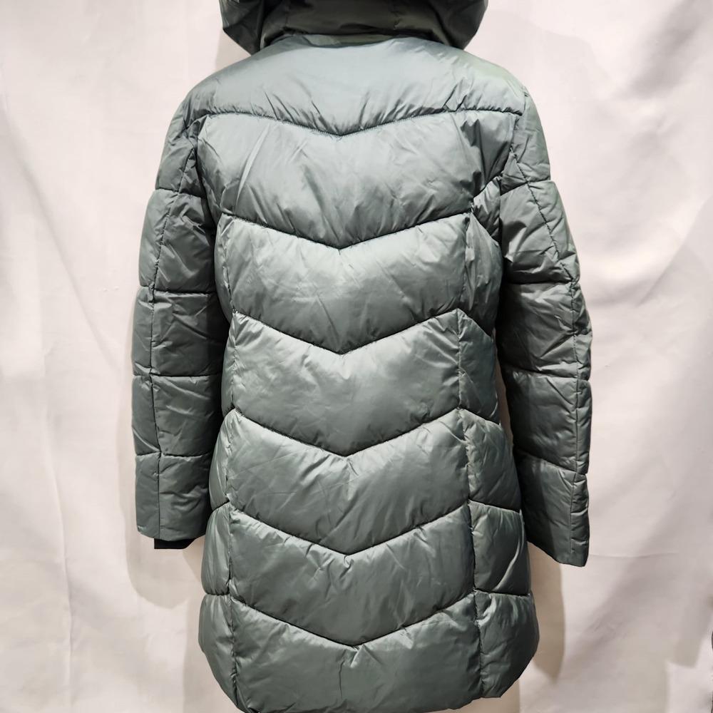 Rear view of Moss colored Point Zero eco-down winter puffer jacket