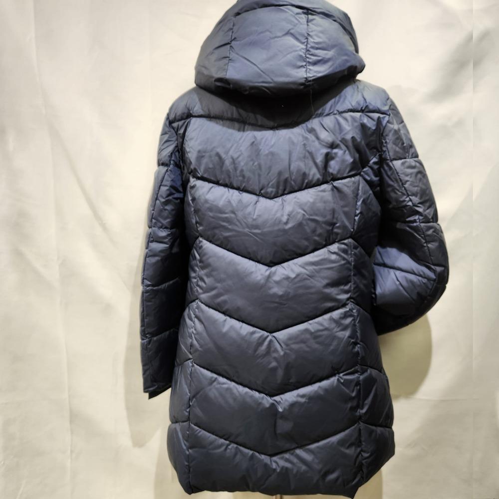 Rear view of Navy colored Point Zero eco-down winter puffer jacket