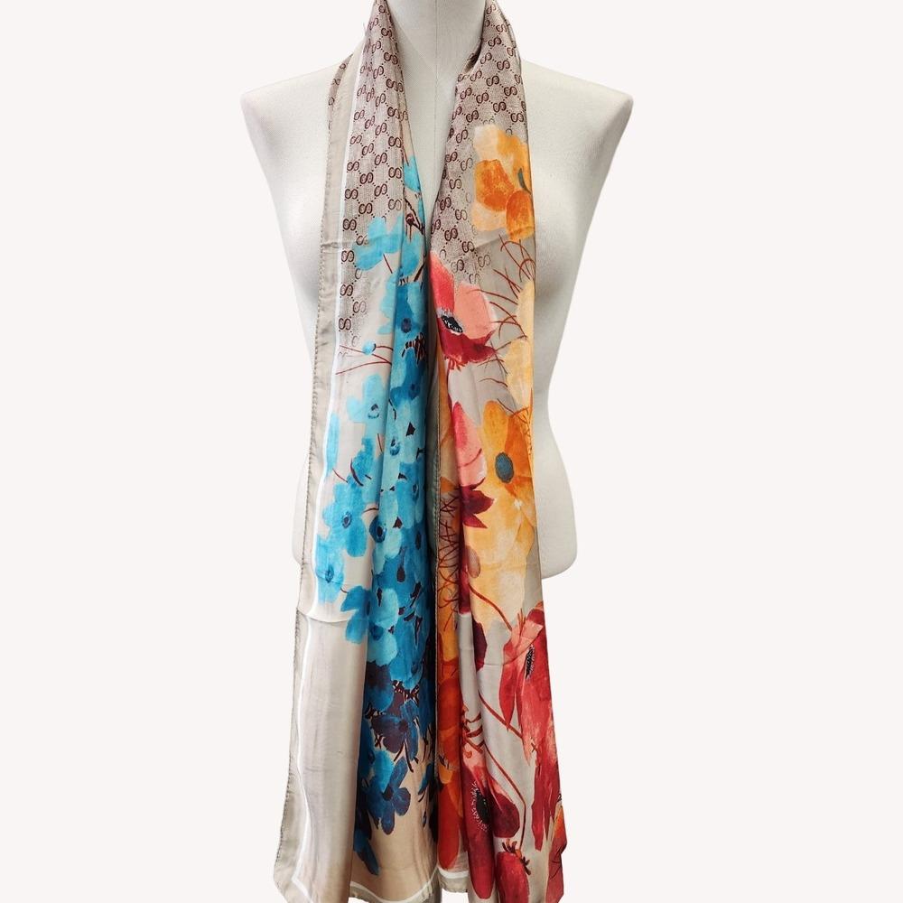Beige silky scarf with floral colorful print