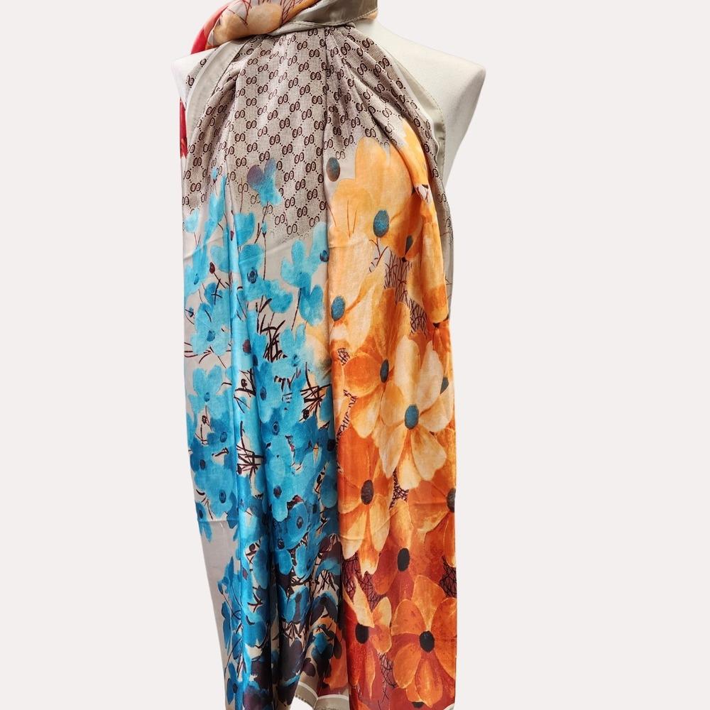 Beige silky scarf with floral colorful print when opened up