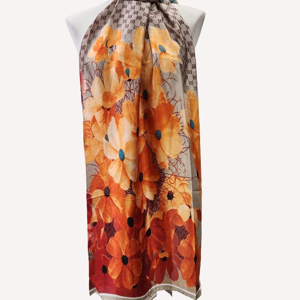 Another view of Beige silky scarf with floral colorful print