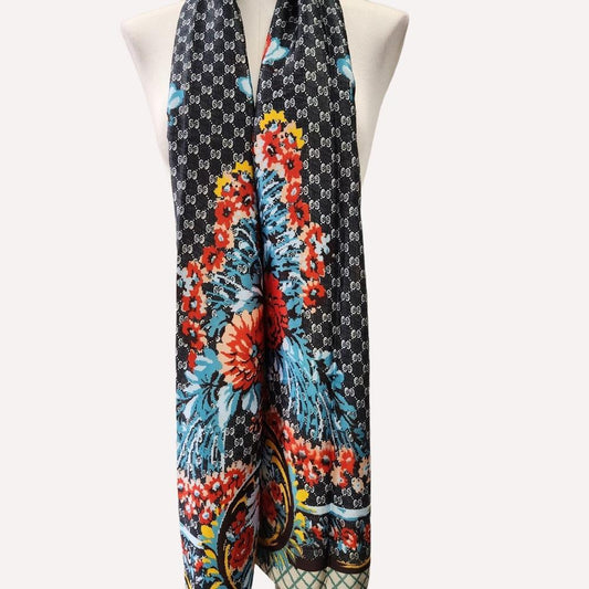 Black silky scarf with floral colorful print