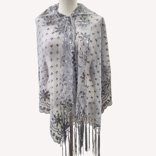 Full view of Regal grey scarf with embroidery & sequin
