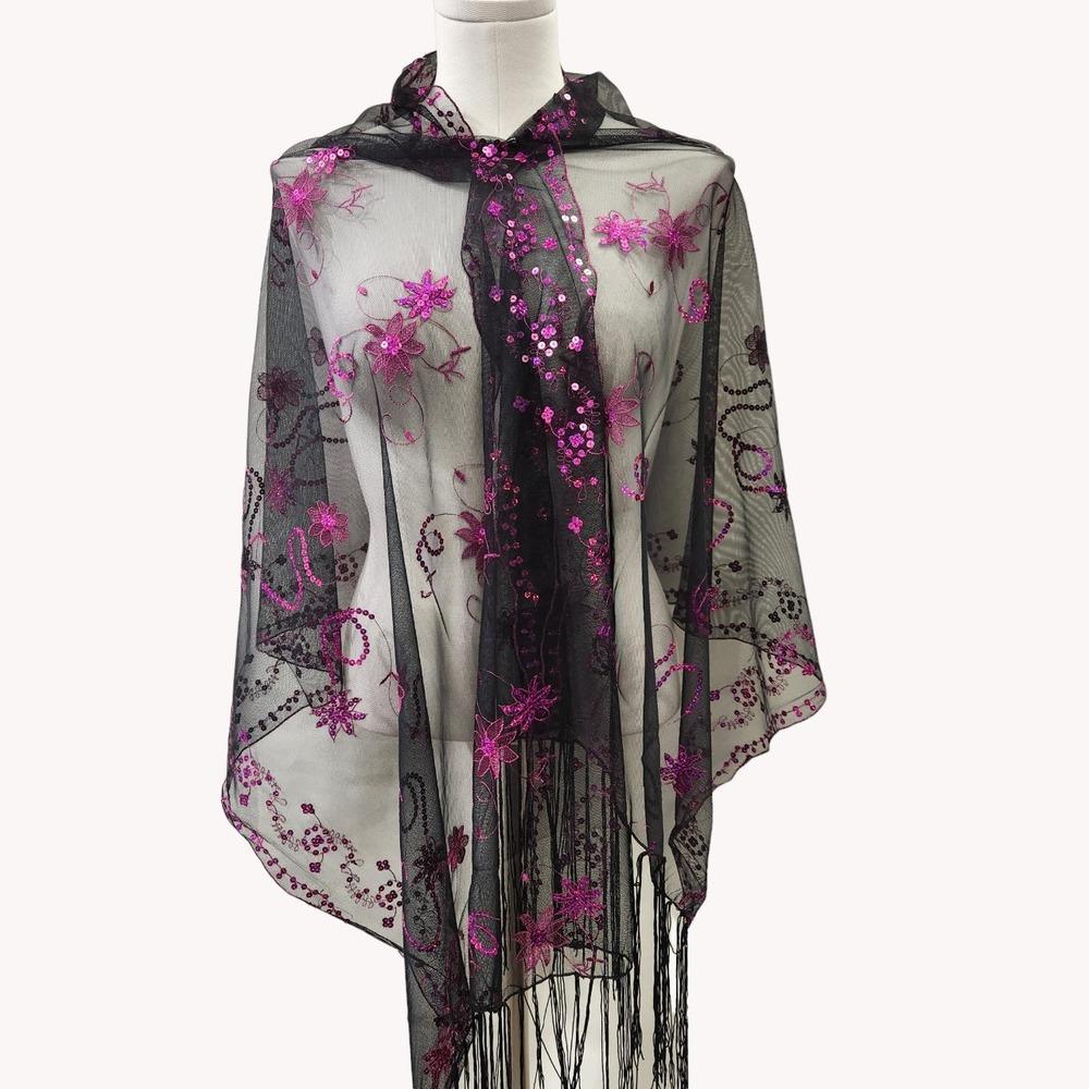 Black scarf with magenta embroidery & sequins