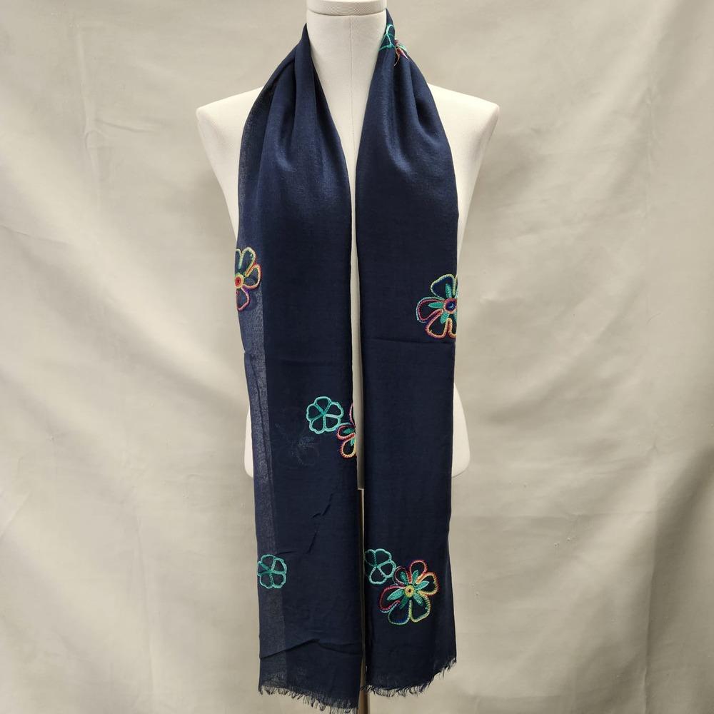 Blue summer scarf with colorful embroidery