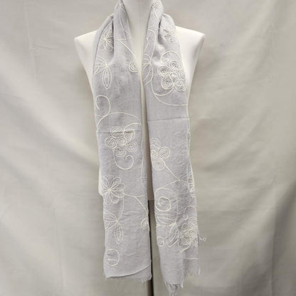 Light grey summer scarf with embroidery in white