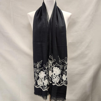 Black summer scarf with white embroidery 