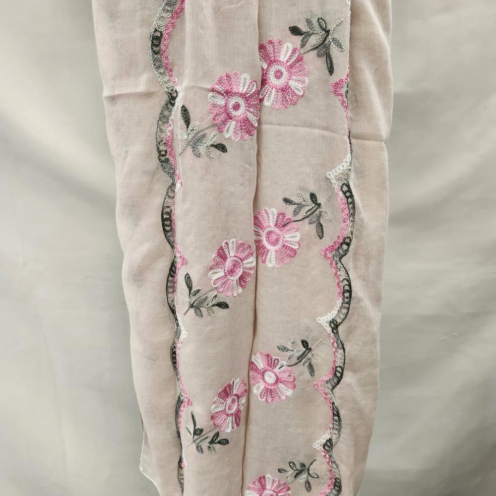 Detailed view of Beige summer scarf with colorful embroidery