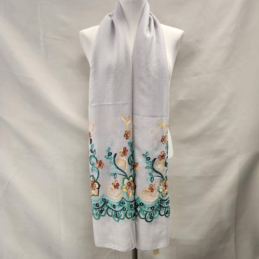 Light grey summer scarf with colorful embroidery