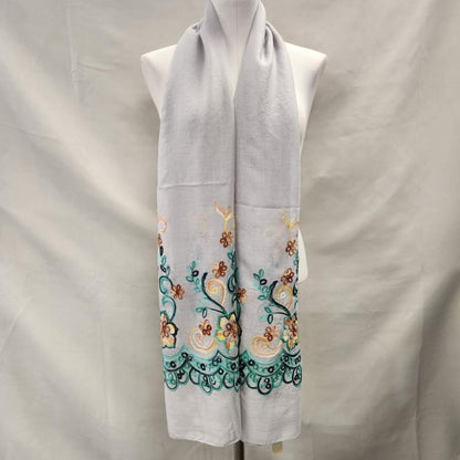 Light grey summer scarf with colorful embroidery