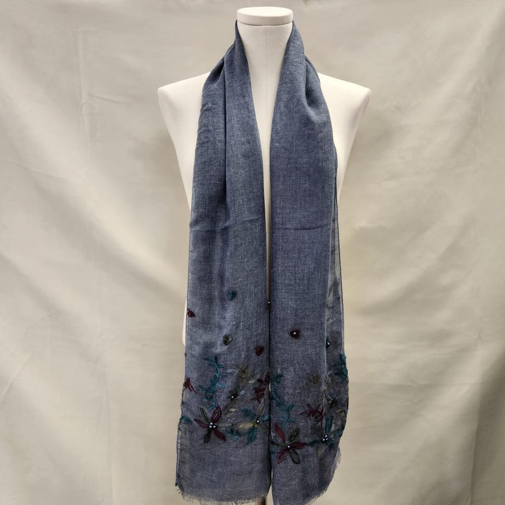 Blueish gray summer scarf with colorful embroidery