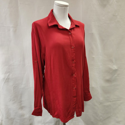 Front view of red dress shirt with classic collar and full sleeves