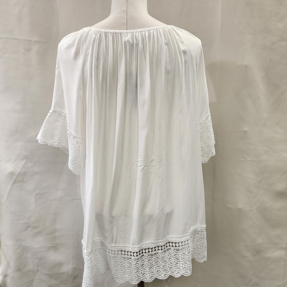 Rear view of White top with lace detail and round gathered neckline
