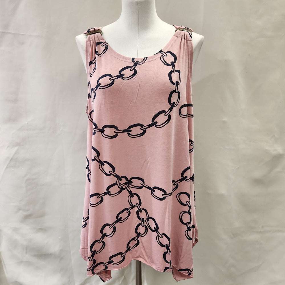 Front view of Dusty pink top with link chain print in black