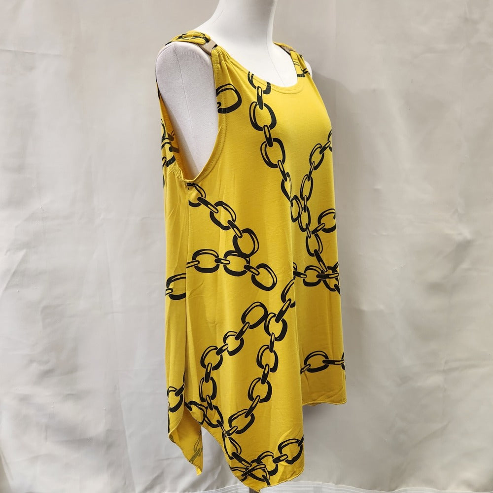 Side view of Yellow top with link chain print in black