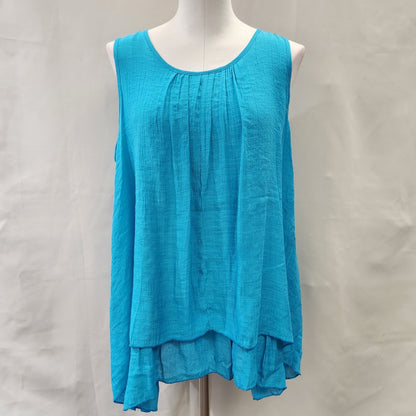 Front view of Turquoise layered sleevless summer top for women