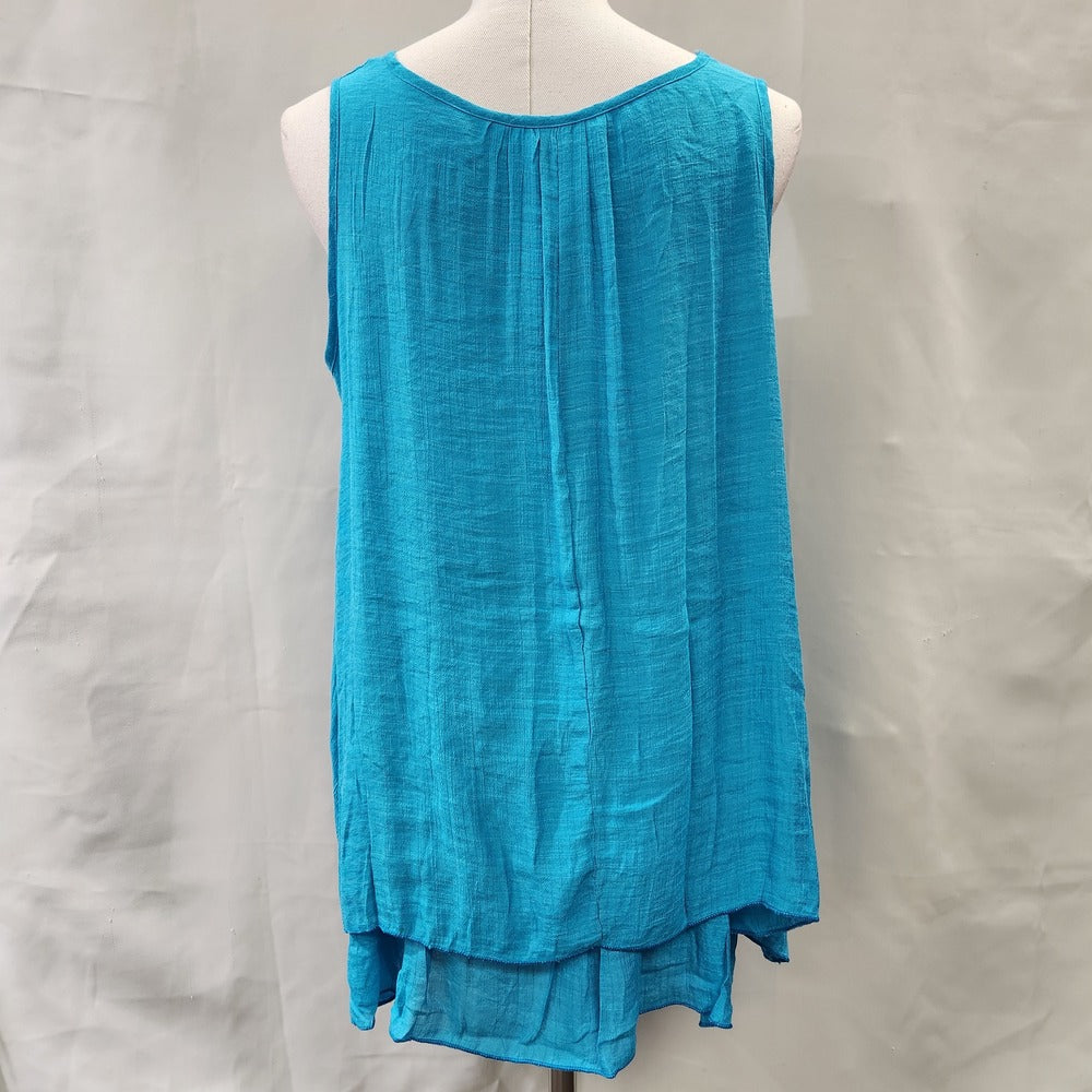 Rear view of Turquoise layered sleevless summer top for women