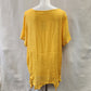 Rear view of short sleeve yellow layered top with pleated necknline