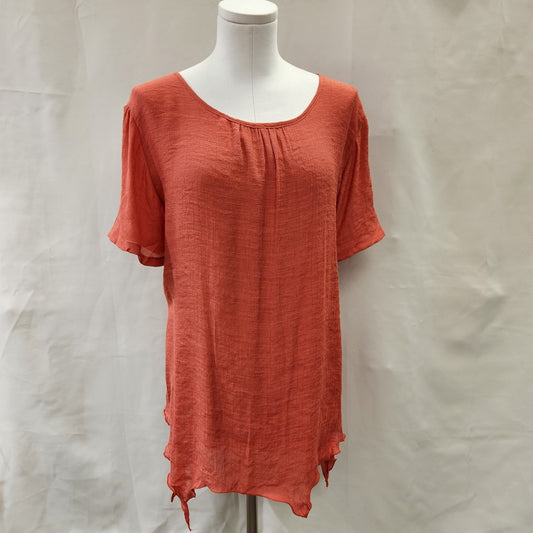 Front view of Short sleeve red layered top with pleated necknline