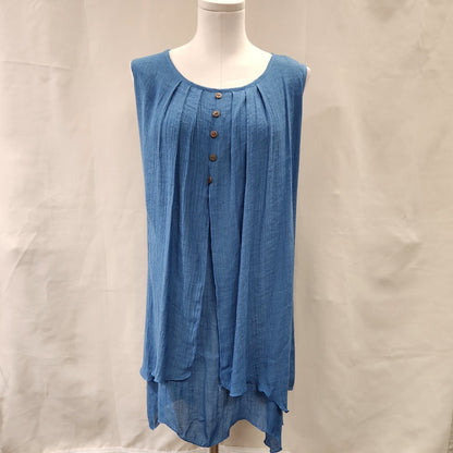 Front view of Sleeveless blue layered tunic top