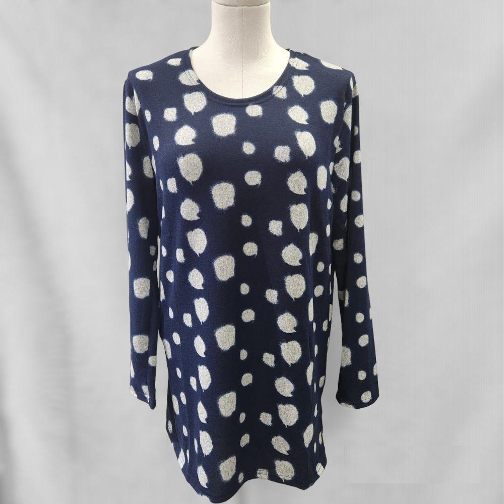 Blue long sleeve top with grey dotted print