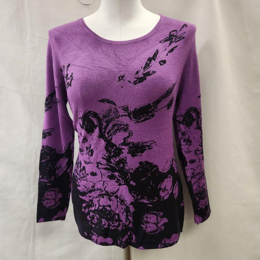 Full view of Closed front printed knitted top in purple and black
