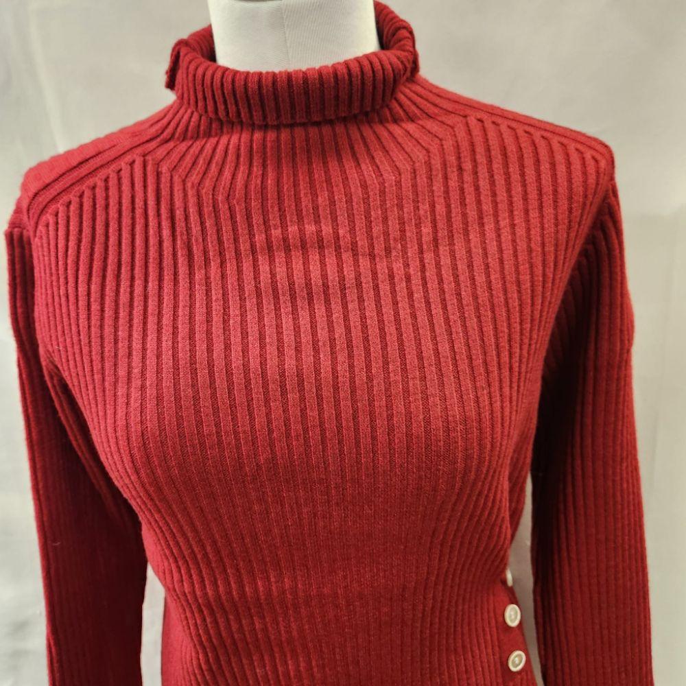 Another detailed view of turtle neck red sweater