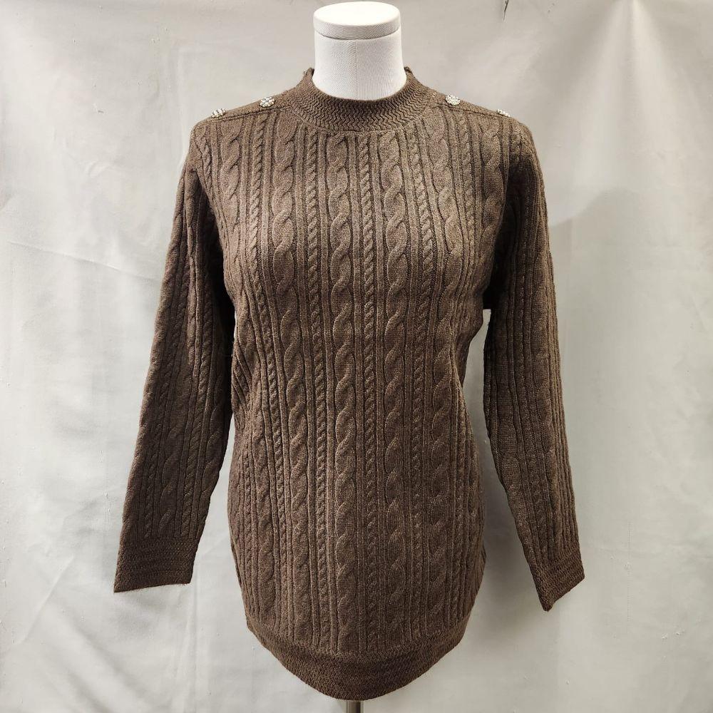Round neck sweater in brown with button detail on shoulder