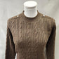 Detailed view of Round neck sweater in brown with button detail on shoulder
