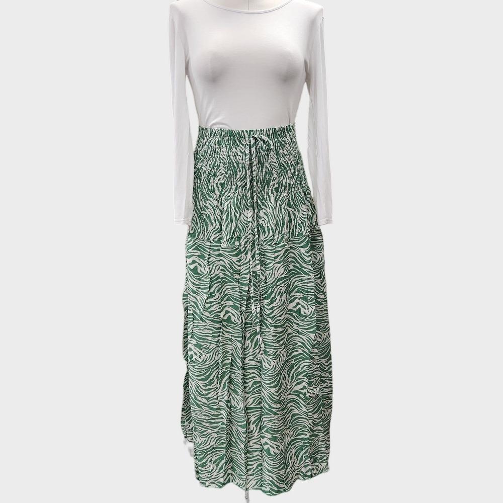 Zebra print green and white shoulder less top when worn as a skirt