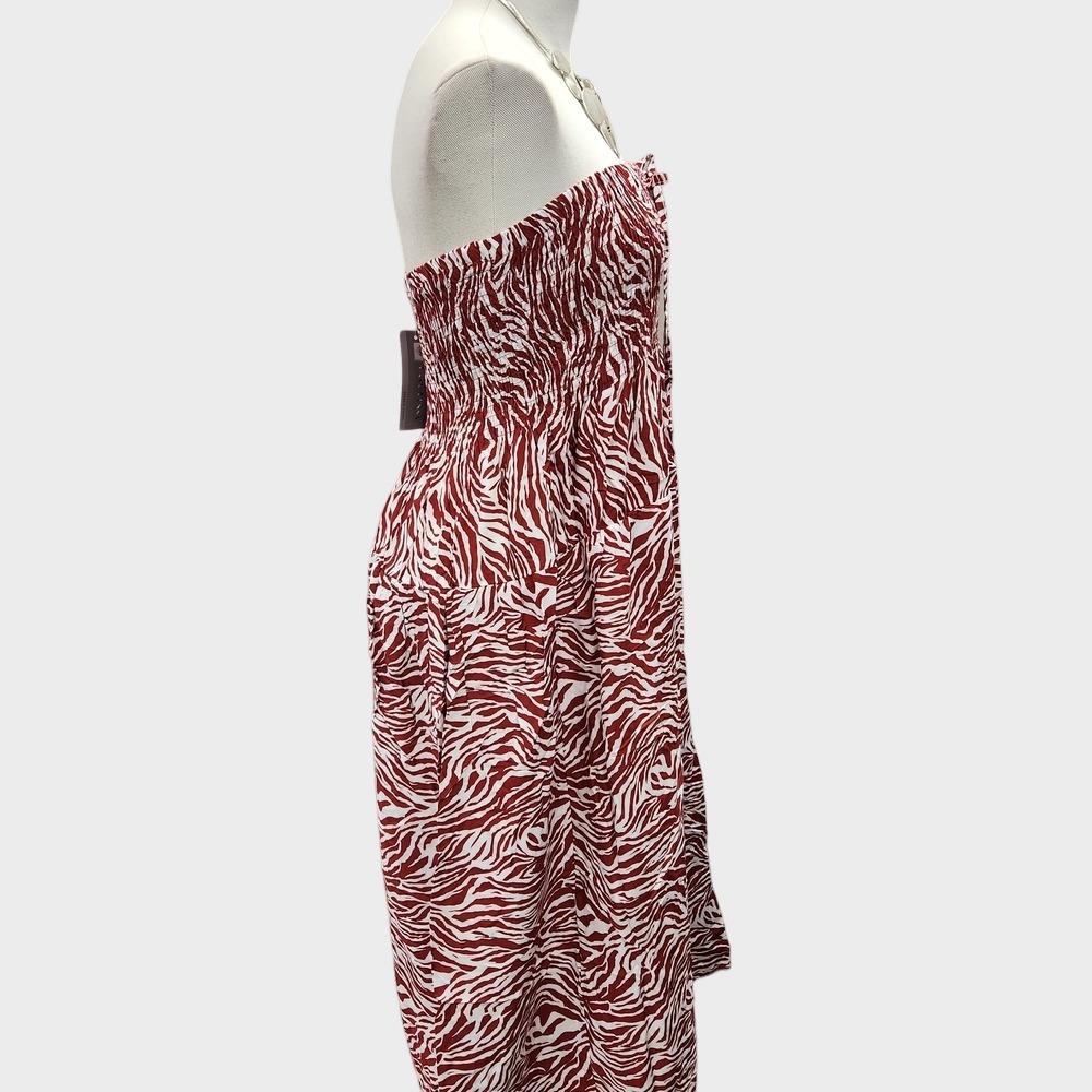 Side view of Zebra print burgundy and white shoulder less top