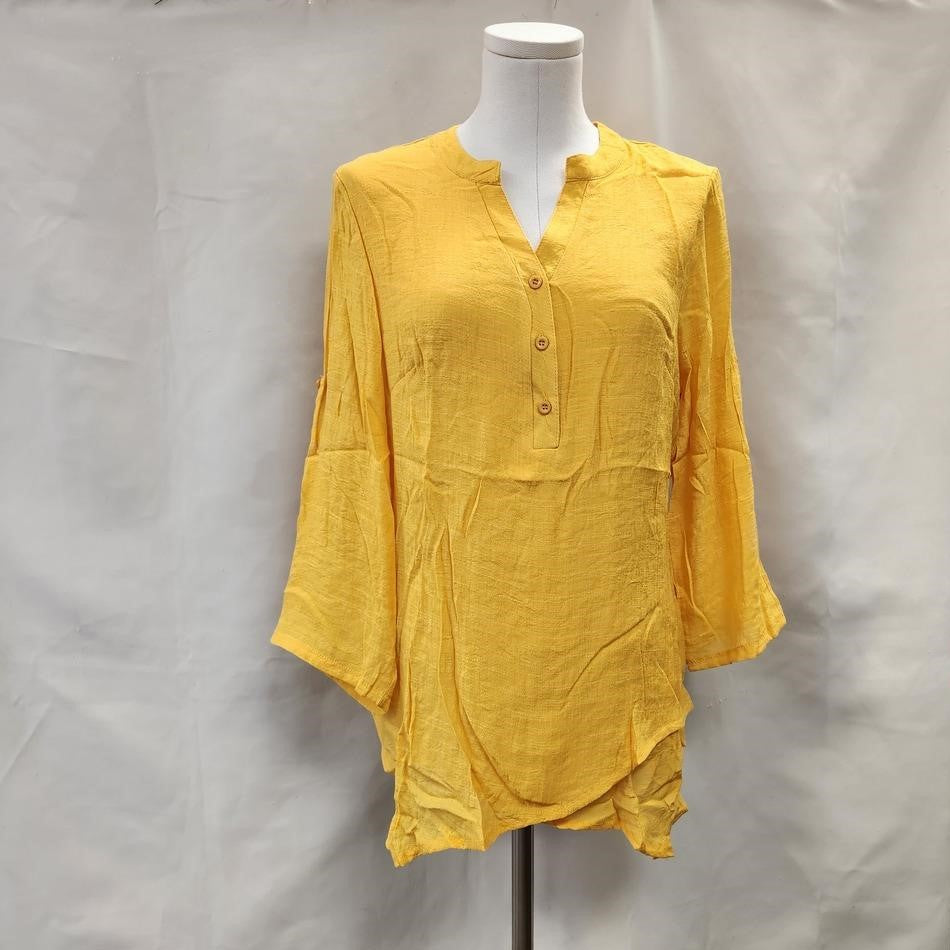 Full front view of Layered yellow summer top with roll up sleeves