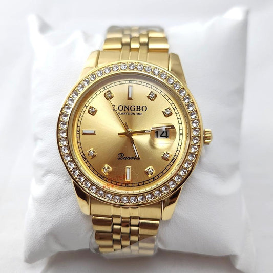 Round face stone studded rim wristwatch for men