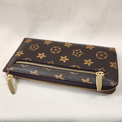 Brown wallet with tan floral pattern