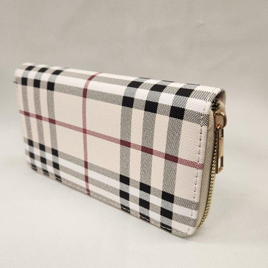 Beige plaid pattern wallet with black and brown stripes
