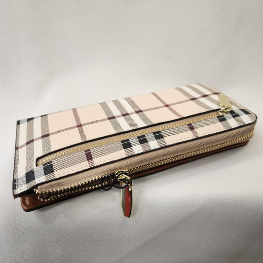 Beige colored plaid pattern wallet with multi colored stripes