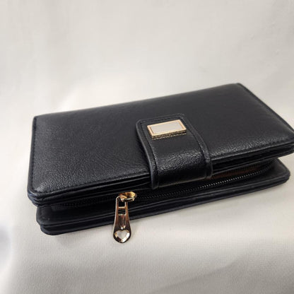 Multi compartment black wallet with gold hardware 