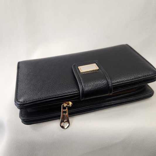 Multi compartment black wallet with gold hardware 