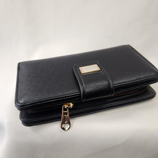 Multi compartment black wallet with gold hardware