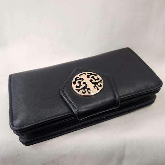 Multiple compartment black wallet with gold hardware 