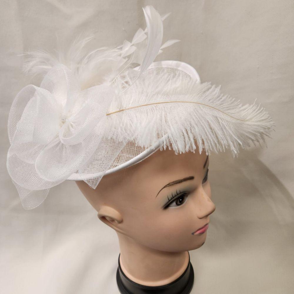 View of White cambric with feathers fascinator