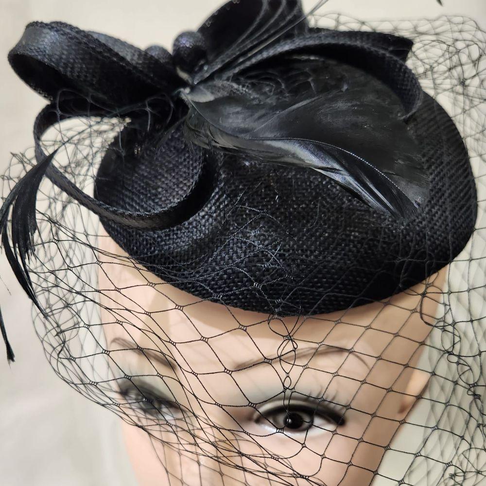 Front detailed view of cambric fascinator in black with veil
