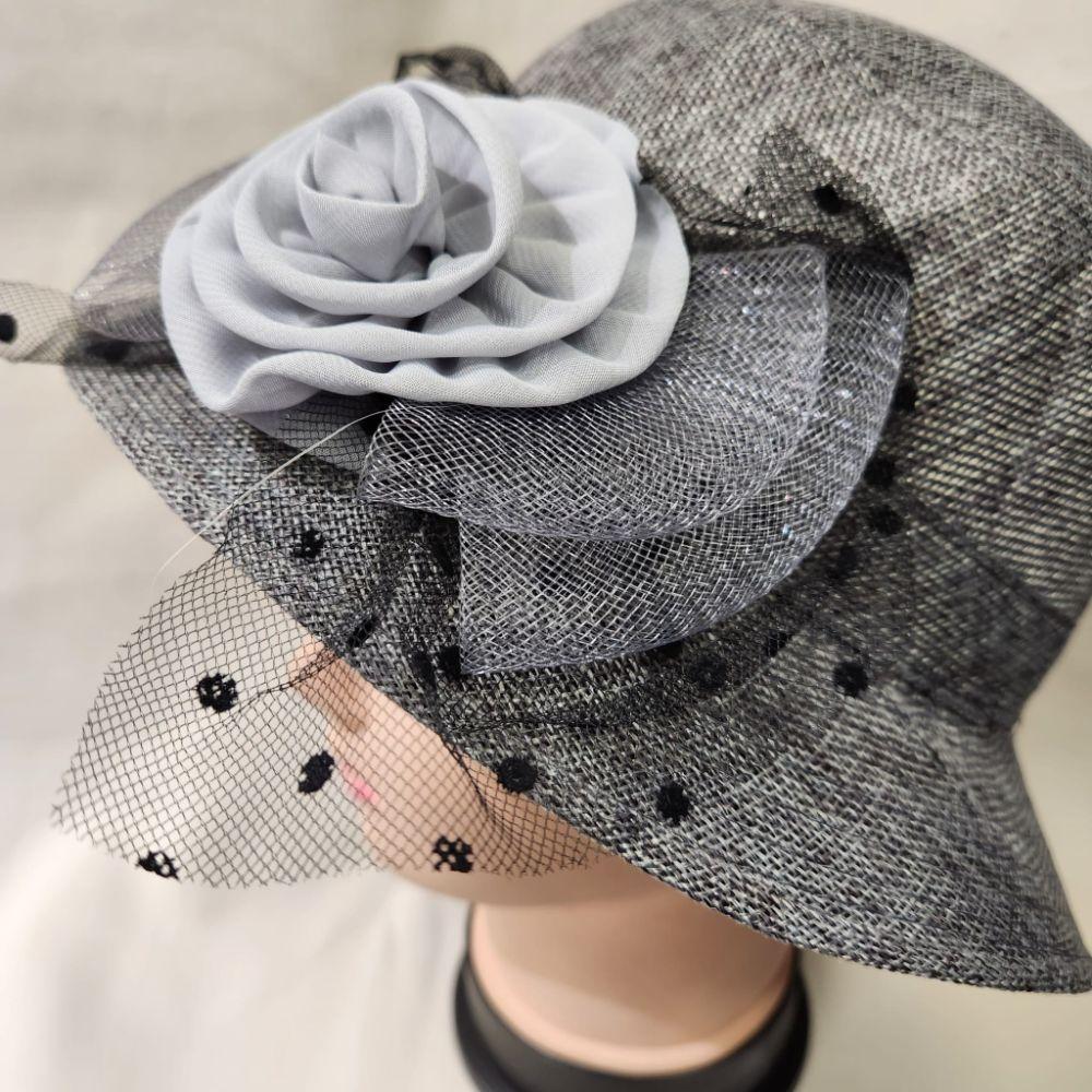 Detailed view of Cloche hat in grey