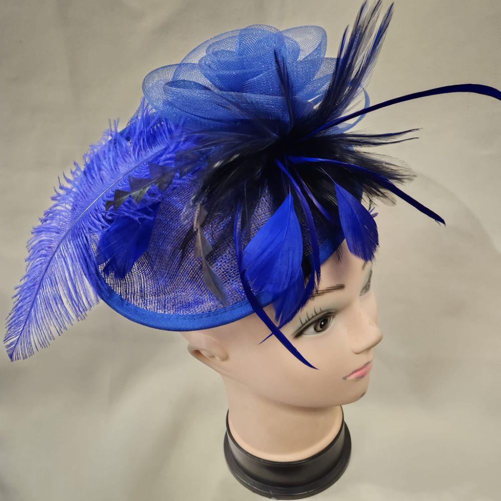 Another view of Blue cambric fascinator with blue and black feathers